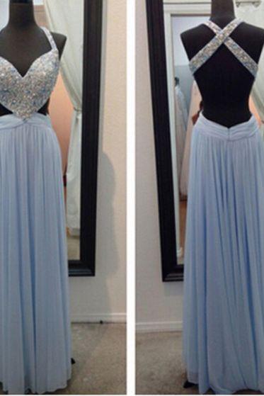 Blue Prom Dresses,Sparkly Prom Dress,Straps Prom Gown,Backless Prom Dresses,A Line Evening Gowns,2023 Evening Gown,Beaded Formal Dress,Open Back Evening Gown For Teen