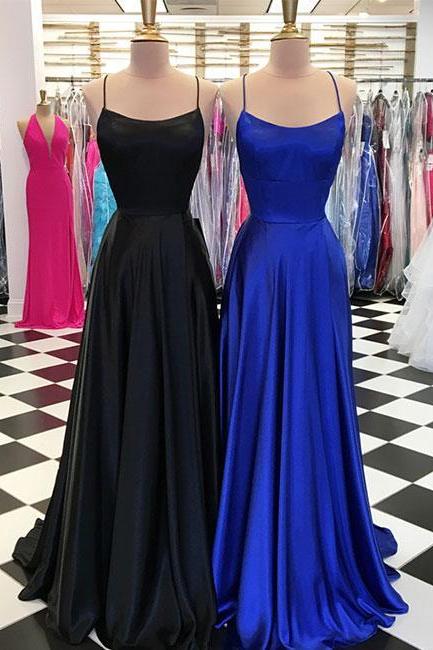 Simple Beautiful Royal Blue Prom Evening Dresses, Criss Cross Back Black Party Gown