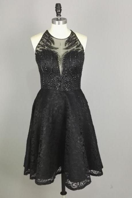 Charming Prom Dress,Sexy O Neck Prom Dress,Sleeveless Prom Gown,Black Beaded Short Prom Party Dress