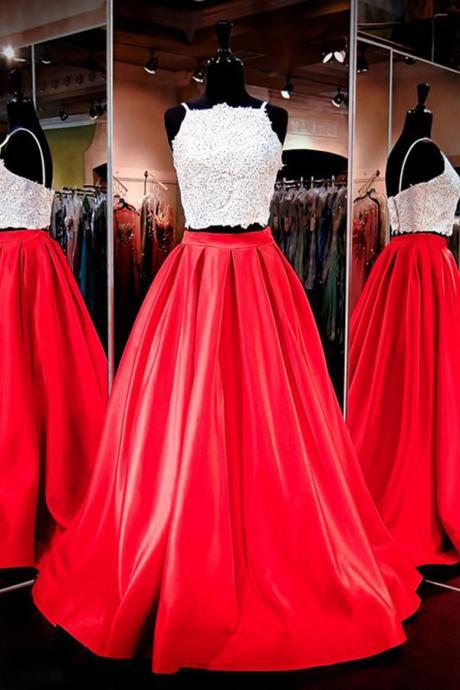 Gorgeous Two-Piece Square Neck Red Floor-Length Prom Dress With Lace,Cheap Prom Dress,Evening Gowns For Teens