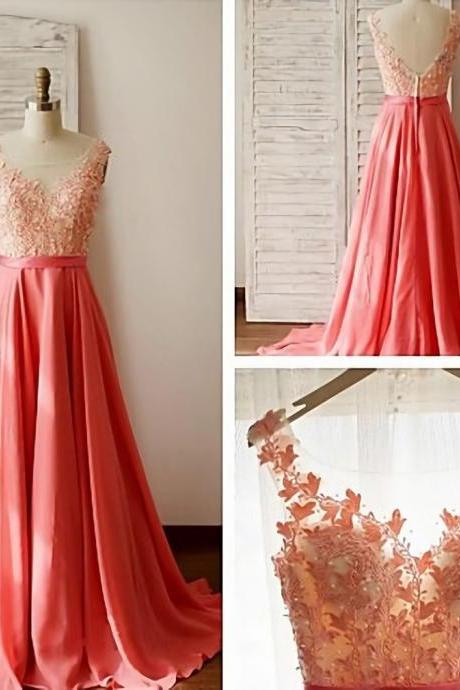 Charming Prom Dress,O-Neck Prom Dress,Appliques Prom Dress,Chiffon Prom Dress,A-Line Evening Dress