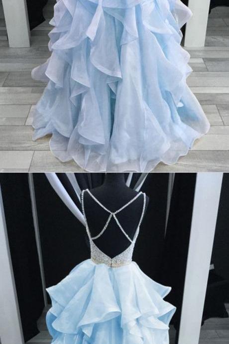 Baby Blue Prom Dresses Ballgowns Organza Ruffles V-Neck With Beaded And Cross Back