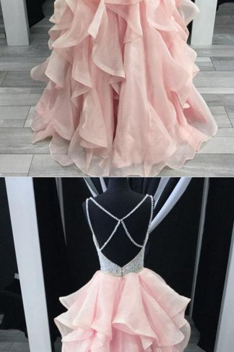 Charming Beading V-Neck Cross Back Pink Prom Dresses Ball Gowns Organza Ruffles