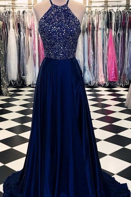 Navy Blue Satin Prom Long Dresses Crystal Beaded Halter Top Evening Gowns 2023 Luxurious Style