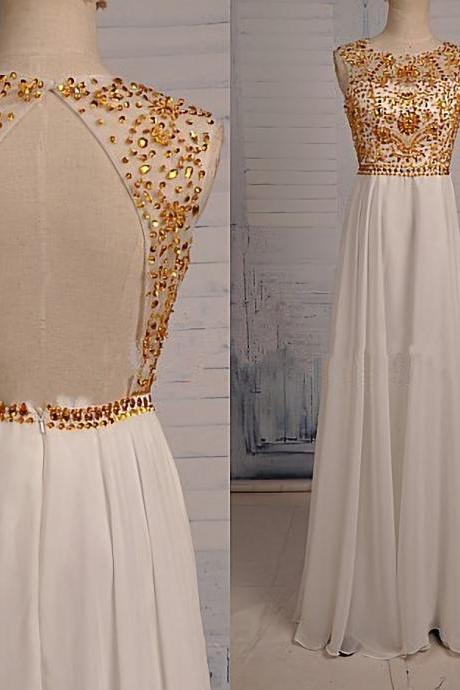 White Prom Dresses,Beaded Evening Dress,Sexy Prom Dress,Beading Prom Dresses,Backless Prom Gown,Elegant Prom Dress,Open Back Evening Gowns,Long Party Dress With Gold Beads For Teen