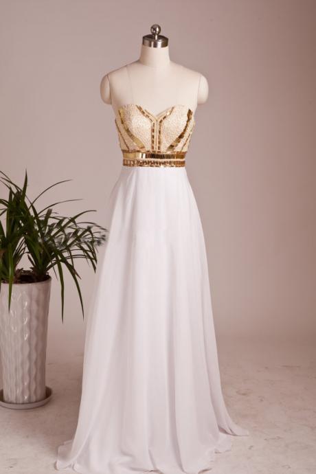 White Prom Dresses,Beaded Evening Dress,Sexy Prom Dress,Beading Prom Dresses,Modest Prom Gown,Elegant Prom Dress,Sparkle Evening Gowns,Long Party Dress With Gold Beads For Teen