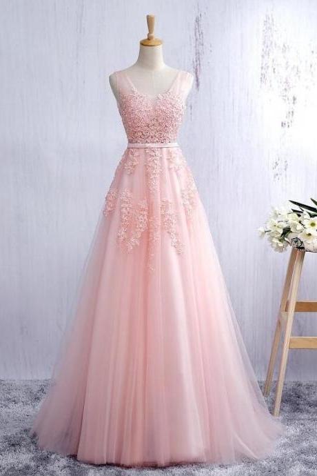 Princess Pink Plunging V Neck A Line Tulle Prom Dress,Open Back Long Party Dress With Lace Appliques Bodice
