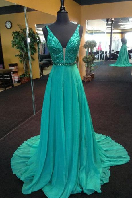 Green Chiffon Prom Dresses Long A-Line Sleeveless V Neck Evening Dresses Backless Formal Gowns Beaded Party Graduation Pageant Dresses For Teens