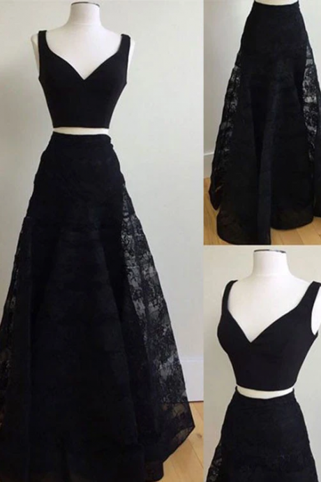 Black Two Pieces Lace Long Prom Dress, Formal Dress