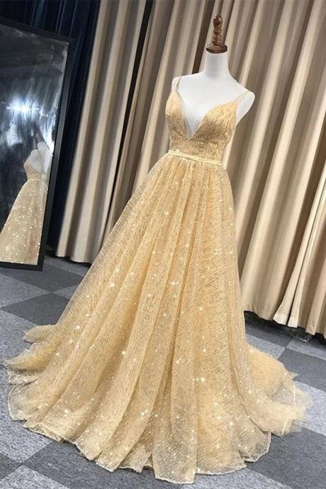 Shiny V Neck Backless Long Golden Prom Dress, Sparkly Golden Formal Dress, Golden Evening Dress