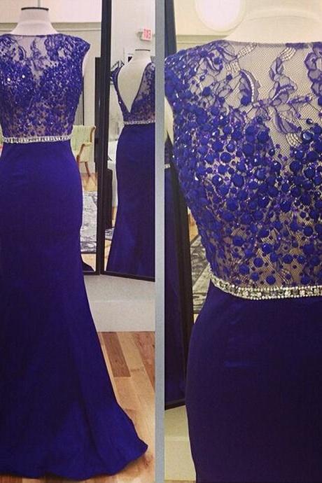 Lace Prom Gown,Open Back Prom Dresses,Royal Blue Evening Gowns,Lace Party Dresses,Beaded Evening Gowns,Backless Formal Dress For Teens