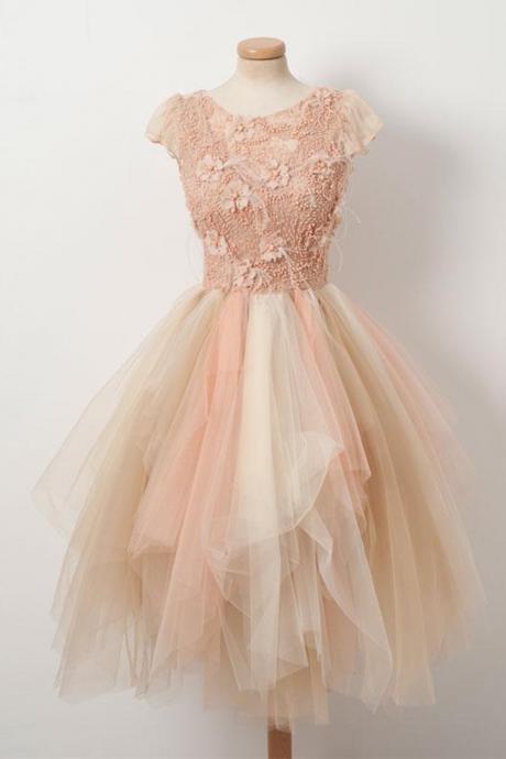 Champagne Tulle Beaded Short Homecoming Dress, Short Summer Prom Dress With Sleeves
