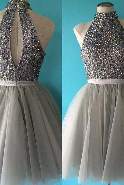 Open Back Silver Tulle Beaded Homecoming Dresses Short Sexy Party Cocktail Dresses Halter Graduation Dress For Teens Girs