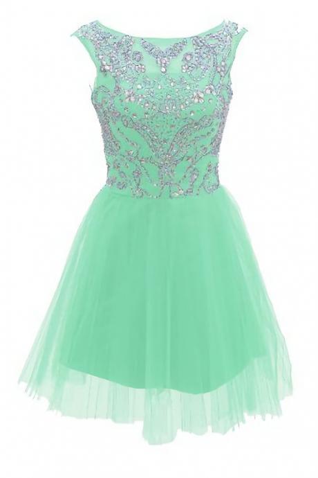 2023 New Fashion Short Pink Prom Dresses A Line Silver Beaded Glitter Tulle Homecoming Dress For Summer Teen,Mint Green Open V Back Custom Made Prom Gown