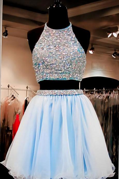 Two Pieces Light Blue Short Prom Dresses Ball Gown, High Neck Open Back Rhinestones Mid Section Sky Blue Homecoming Dresses,Wedding Party Dress