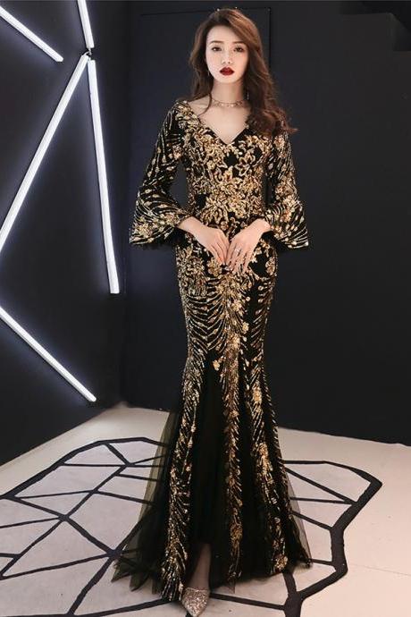 Gold Sequins Formal Evening Dress Gown With Sleeves Arabic Black Mermaid Brides Mother Dresses For Weddings Party Dress