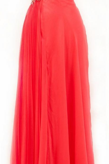 One Shoulder Prom Dresses,Red Prom Dress,Chiffon Prom Gown,Beaded Prom Dresses,Beading Evening Gowns,Simple Formal Gown,Party Dresses For Teens Girls