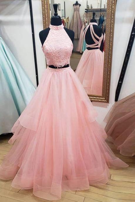 Pink Tulle Two Pieces Strapless O Neck Two Pieces Long Prom Dress