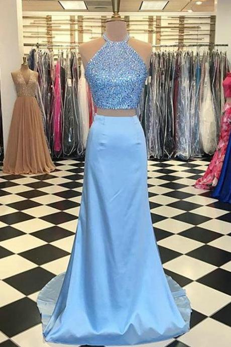 Light Blue Mermaid Prom Dresses Halter Beaded Elastic Satin Two Piece Prom Party Gowns
