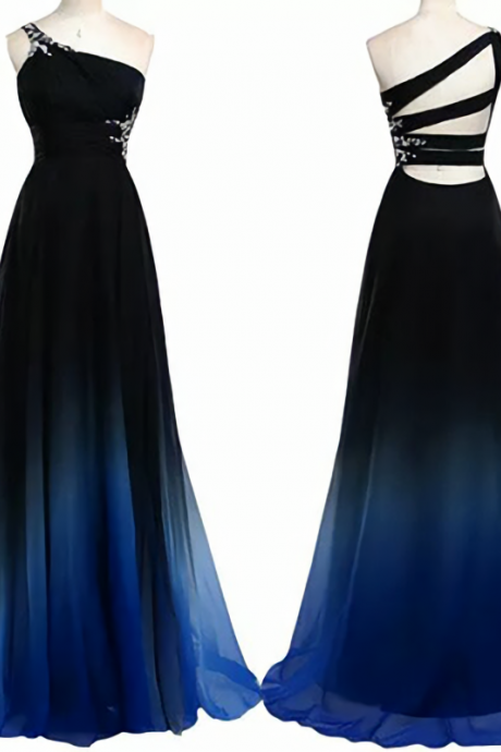 One Shoulder Gradients Chiffon Beading Long Prom Dress,Dark Blue Evening Dresses
