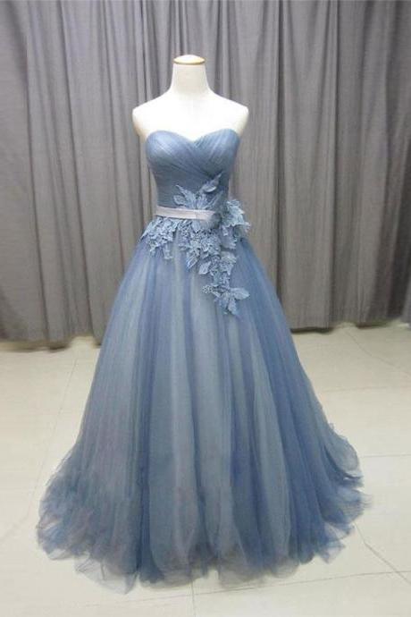 Simple A-Line Sweetheart Gray Blue Tulle Lace Long Prom Dress With Appliques