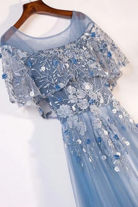A-Line Square Floor-Length Dark Blue Tulle Prom Dress With Appliques Ruffles