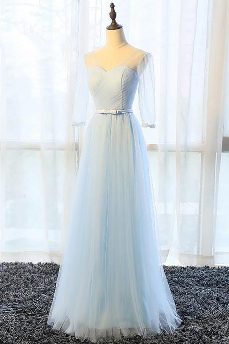 Prom Dresses,New Fashion Prom Dresses,Simple Pure Blue V Neck Long Bowknot Senior Prom Dress With Mid Sleeves