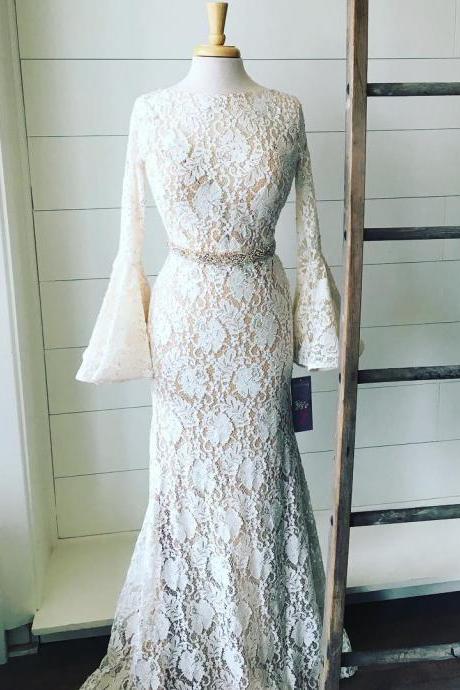 Luxurious Mermaid Jewel Long Sleeves Open Back Lace Long Prom Dress With Beading