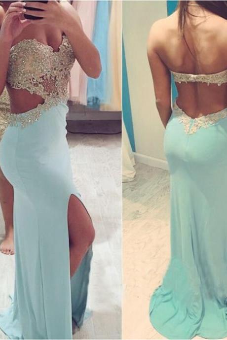 Backless Prom Dresses,Blue Prom Dress,Open Back Formal Gown,Open Backs Prom Dresses,Slit Evening Gowns,Lace Formal Gown,Sparkly Prom Gowns For Teens