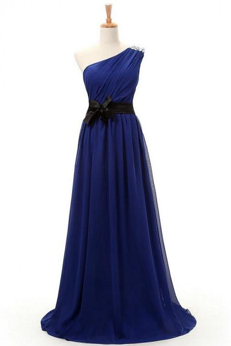 One Shoulder Prom Dress,Royal Blue Chiffon Prom Dress,Long Prom Dress,Evening Gown