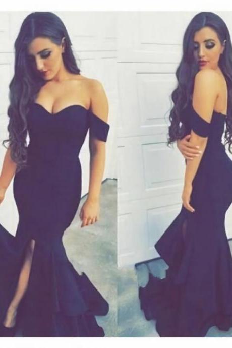2023 Split Black Girl Prom Dresses, Evening Wear, Sleeves Off The Shoulder Backless Satin Ruffles Formal Prom Gowns, Saudi Arabia Evening Gowns