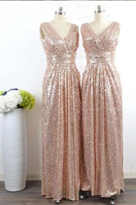 New Style Glamorous V-Neck Floor Length Sleeveless Sequins Gold Bridesmaid Dress, Gold Sequins Bridesmaid Dresses, Charming Bridesmaid Dresses, Wedding Party Dress, Stylish And Chic Bridesmaids Dresses