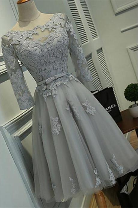Scoop Knee-Length Lace Tulle Ribbon Short Prom Dress, Cocktail Dresses, Gray Homecoming Dresses, Graduation Dresses
