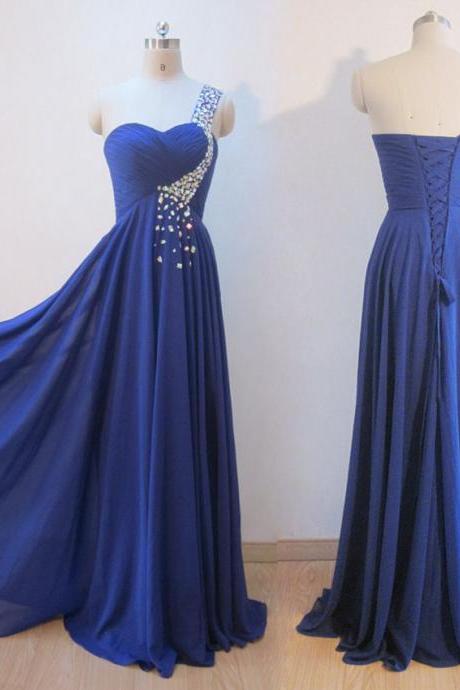 2023 Royal Blue Prom Dresses, One Shoulder Prom Dresses, Long Prom Dresses, Rhinestones Beaded Prom Dresses, Party Dress, Evening Gown, Chiffon Prom Dresses, Lace-Up Prom Dresses, Custom Made Prom Dress