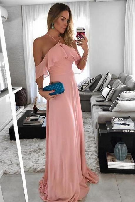 Off The Shoulder Halter Ruffled Long Prom Dress Chiffon Party Dress