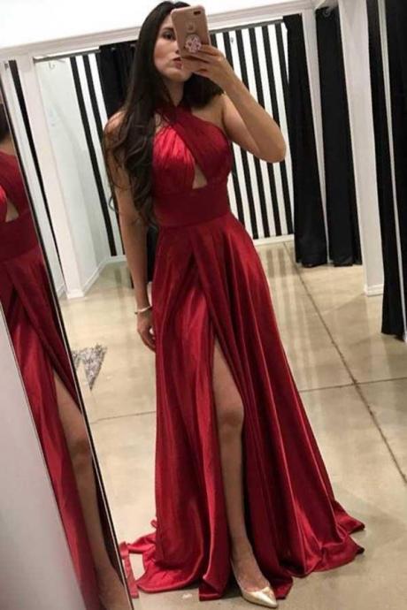 Sexy Split A-Line Dark Red Prom Dress With Cross Neck Floor-Length Evening Dress