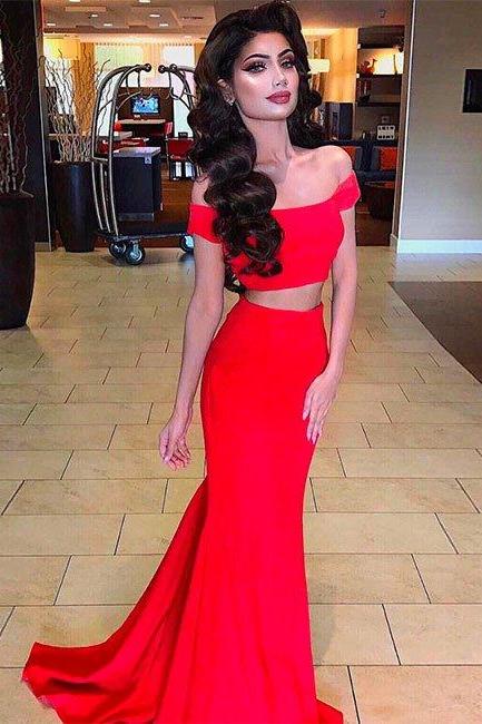 Simple Red Off The Shoulder Two Piece Prom Dress, Sexy Mermaid Evening Dresses