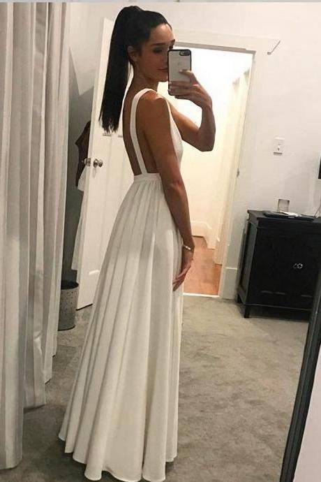 Sexy White Chiffon Floor Length Prom Dresses Evening Dress