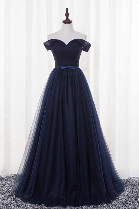 Simple Dark Blue Tulle Long Prom Dress Off The Shoulder Navy Blue Evening Dress