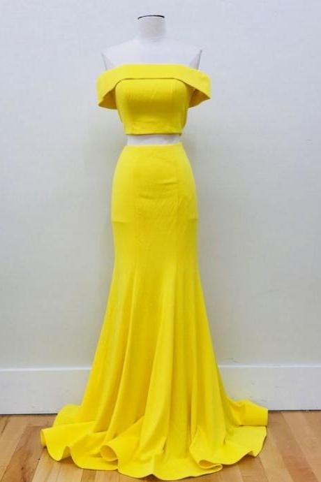 Sexy Off The Shoulder Mermaid Two Pieces Long Prom Dresses Yellow Party Dresses