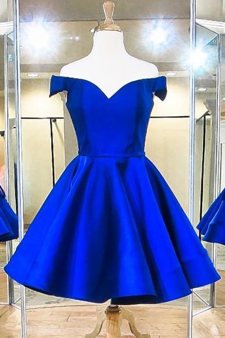 A-Line Royal Blue Off The Shoulder Satin Short Homecoming Dress Special Occasion Dresses