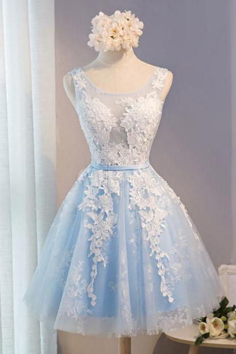 Baby Blue Tulle Lace Applique Homecoming Dress Backless A Line Knee Length Prom Dress Party Dress