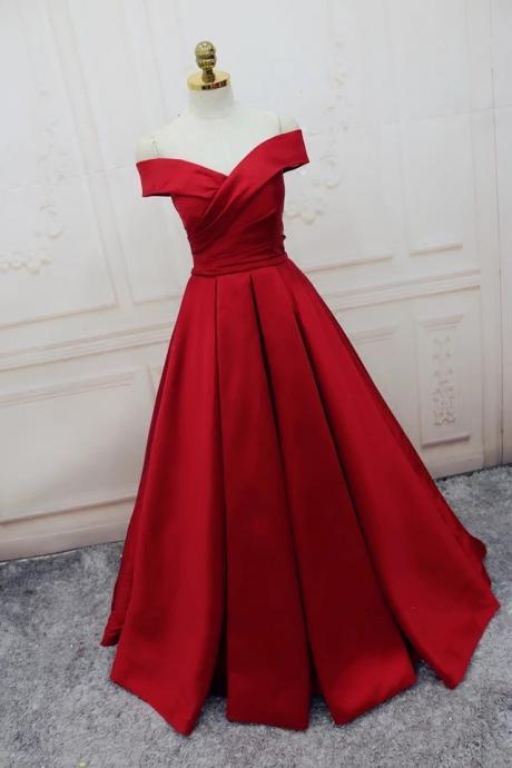 Red Satin Off-The-Shoulder Plunge V Floor Length A-Line Prom Dress Featuring Lace-Up Back, Evening Dress