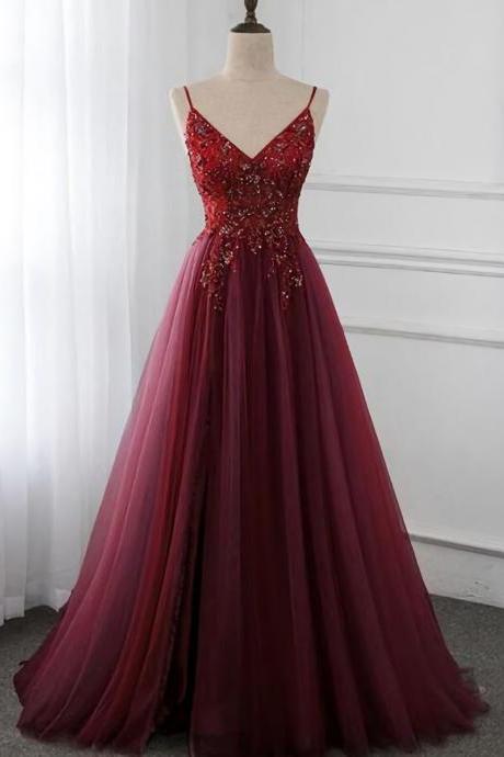Gorgeous Wine Red Beaded Floor Length Party Dress,Burgundy Junior Prom Dress