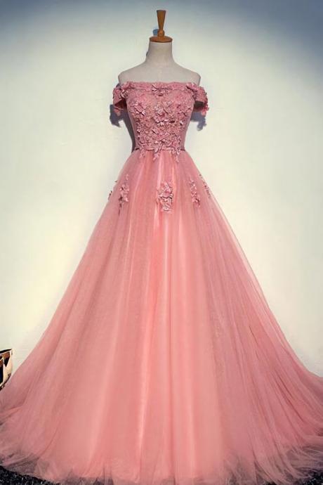 Sexy Off Shoulder Evening Dress, Appliques Prom Dress, Long Prom Dresses, Tulle Formal Gown
