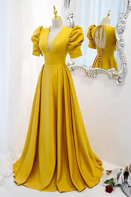 Open Back Yellow Prom Dress With Sleeves