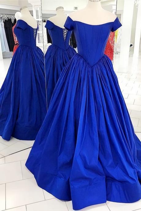Off The Shoulder Royal Blue Prom Dress With Lace Up Back