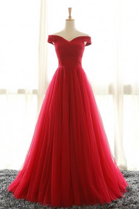 Off The Shoulder Prom Dresses, Red Prom Dress, A Line Evening Dresses, Pleated Prom Gown, Long Party Dresses, Red Formal Dresses, Prom Dress