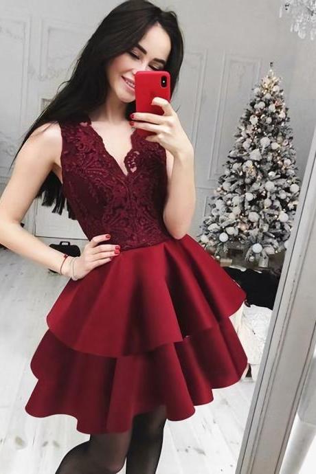Cute A-Line V-Neck Ruffled Dark Red Homecoming Dress With Lace, Sexy Short Prom Party Dresses