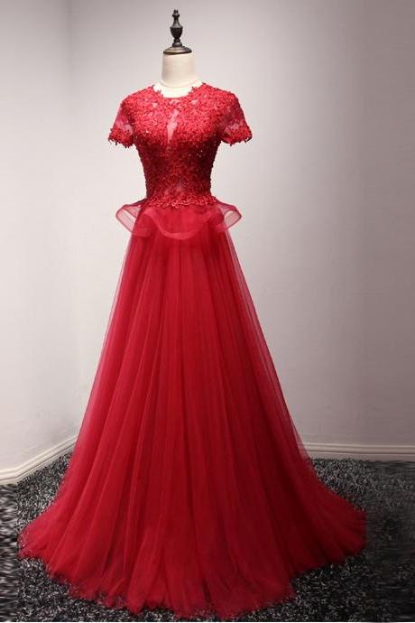 O Neck Red Tulle Long Prom Dress With Appliques, Short Sleeve Formal Evening Dress